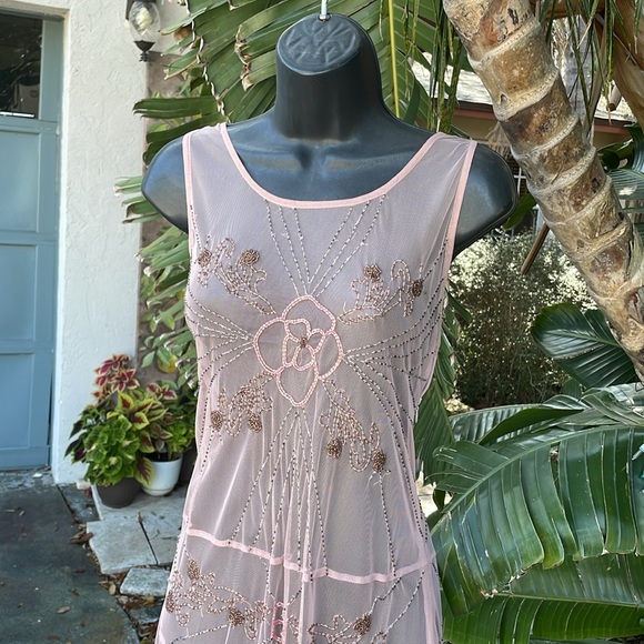 Newport News sheer beaded two piece drop waist asymmetric, sheer dress - Picture 7 of 11